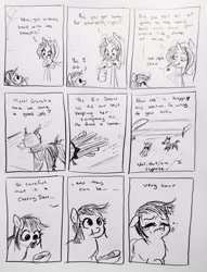 Size: 2296x3012 | Tagged: safe, artist:pony quarantine, oc, oc:saddie, series:pq funnies, bed, cloak, clothes, comic, comic strip, duo, duo female, earth pony, eating, female, filly, floppy ears, foal, grayscale, guard, horn, imported from derpibooru, mare, monochrome, mouth hold, oc only, pencil drawing, pony, sour, traditional art, unicorn
