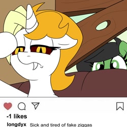 Size: 1000x1000 | Tagged: safe, artist:unitxxvii, oc, oc:dyx, oc:filly anon, alicorn, boarded window, bust, duo, duo female, earth pony, female, filly, floppy ears, foal, imported from derpibooru, looking at you, narrowed eyes, oc only, pony, text, zigga
