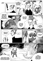 Size: 4961x7016 | Tagged: safe, artist:witchdoctordb, comic:somber, alternate universe, bed, black and white, cloudy quartz, dialogue, earth pony, exclamation point, female, filly, filly limestone pie, filly marble pie, filly maud pie, foal, g4, grayscale, imported from derpibooru, in bed, limestone pie, marble pie, mare, maud pie, monochrome, pony, question mark, sick, speech bubble, younger