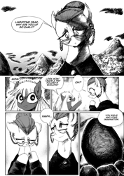 Size: 4961x7016 | Tagged: safe, artist:witchdoctordb, comic:somber, alternate universe, black and white, cloudy quartz, comic, dialogue, duo, earth pony, female, filly, foal, g4, glasses, glasses chain, grayscale, hair bun, holder's boulder, imported from derpibooru, limestone pie, mare, monochrome, mother and child, mother and daughter, outdoors, pony, rock, speech bubble