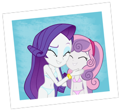Size: 3939x3537 | Tagged: suggestive, rarity, sweetie belle, banned from derpibooru, belly button, bra, clothes, edit, equestria girls, imma snuggle you, imported from twibooru, lolicon, panties, photo, simple background, transparent background, underage, underwear, underwear edit