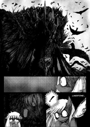 Size: 4961x7016 | Tagged: safe, artist:witchdoctordb, comic:somber, alternate universe, bird, black and white, cloudy quartz, comic, crow, earth pony, exclamation point, female, filly, filly limestone pie, foal, g4, grayscale, horn, imported from derpibooru, limestone pie, mare, monochrome, nightmare moon, offscreen character, offscreen female, pony, unicorn, younger
