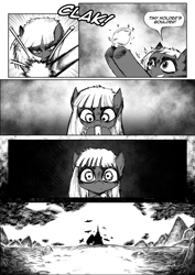 Size: 4961x7016 | Tagged: safe, artist:witchdoctordb, comic:somber, alternate universe, black and white, comic, dialogue, earth pony, female, filly, filly limestone pie, foal, g4, grayscale, imported from derpibooru, limestone pie, monochrome, outdoors, pony, rock, silhouette, smashing, solo, speech bubble, younger