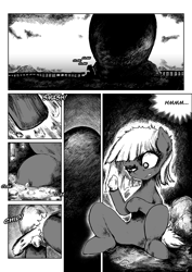 Size: 4961x7016 | Tagged: safe, artist:witchdoctordb, comic:somber, alternate universe, black and white, comic, concentrating, dialogue, earth pony, female, filly, filly limestone pie, foal, g4, grayscale, holder's boulder, imported from derpibooru, limestone pie, monochrome, outdoors, pony, rock, smashing, solo, speech bubble, tongue out, younger