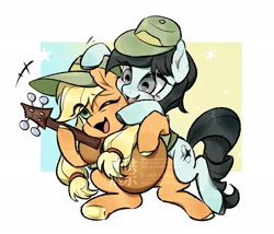 Size: 2048x1754 | Tagged: safe, artist:loopain625, applejack, abstract background, camp friendship, cap, coloratura, commission, duo, earth pony, eye clipping through hair, eyebrows, eyebrows visible through hair, female, filly, filly coloratura, foal, g4, hat, imported from derpibooru, one eye closed, open mouth, open smile, pony, smiling, watermark, younger