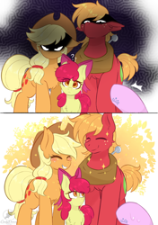 Size: 1200x1700 | Tagged: safe, artist:candy_b_black, artist:candydemon, apple bloom, applejack, diamond tiara, big macintosh, earth pony, emanata, eyes closed, female, filly, foal, g4, grin, hooves, imported from derpibooru, male, mare, meme, menacing, my little pony: friendship is magic, offscreen character, pony, pov, question mark, smiling, sparkles, stallion, sweat, sweatdrops, trio