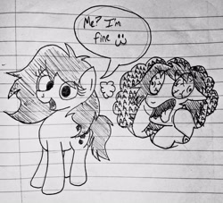 Size: 3219x2923 | Tagged: safe, artist:dhm, oc, oc:filly anon, aaaaaaaaaa, abstract background, anxiety, cute, dialogue, fake smile, female, filly, foal, imported from derpibooru, lined paper, looking at you, mask, masking, mental illness, oc only, panic attack, pen drawing, pencil drawing, pony, smiling, solo, speech bubble, talking to viewer, text, thought bubble, traditional art, vent art