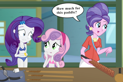 Size: 1152x770 | Tagged: suggestive, artist:ohohokapi, rarity, sweetie belle, banned from derpibooru, belly button, boots, bra, breasts, cleavage, clothes, cookie crumbles, edit, equestria girls, imported from twibooru, lolicon, panties, pearl, shoes, spanking, underage, underwear, underwear edit