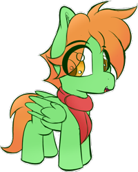 Size: 1680x2095 | Tagged: safe, artist:frosthawkpone, oc, oc:clover cu, 2026, clothes, colt, foal, imported from derpibooru, looking at you, male, oc only, open mouth, pegasus, pony, scarf, simple background, smiling, solo, standing, transparent background