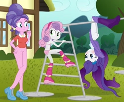 Size: 1248x1024 | Tagged: explicit, artist:ohohokapi, rarity, sweetie belle, banned from derpibooru, blushing, boots, bottomless, bra, clothes, cookie crumbles, covering, edit, edited edit, embarrassed, equestria girls, equestria girls-ified, imported from twibooru, lolicon, nudity, panties, partial nudity, partial nudity edit, pearl, playground, riding crop, shoes, skirt, skirt flip, underage, underwear, underwear edit, upside down, vulva