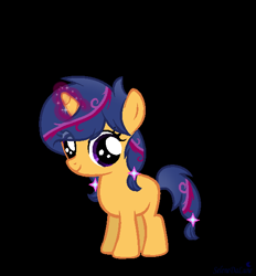 Size: 540x582 | Tagged: safe, artist:selenedalune, oc, oc:violet sparkle sentry, black background, eye clipping through hair, female, filly, foal, glowing, glowing horn, horn, imported from derpibooru, looking at you, magic, oc only, offspring, parent:flash sentry, parent:twilight sparkle, parents:flashlight, pony, simple background, unicorn