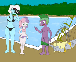 Size: 1492x1203 | Tagged: explicit, photo finish, spike, sweetie belle, anthro, banned from derpibooru, derpy hooves, imported from twibooru, lolicon, nudity, pantsing, shotacon, swimming pool, underage