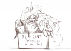 Size: 1829x1327 | Tagged: safe, artist:anonymous, princess celestia, princess flurry heart, princess luna, twilight sparkle, alicorn, alicorn pentarchy, box, cardboard box, cute, drawthread, female, filly, foal, g4, group, imported from derpibooru, mare, monochrome, overcrowded, pony, pony in a box, princess cadance, quintet, requested art, simple background, stuck, white background