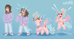 Size: 4000x2100 | Tagged: safe, artist:furufoo, age regression, bow, clothes, cozy glow, denim, emanata, evil smile, female, filly, foal, freckles, g4, glasses, hair bow, hoodie, human, human to pony, imported from derpibooru, jeans, mind control, pants, pegasus, pony, ringlets, sequence, sharp teeth, shoes, smiling, spread wings, tail, tail bow, teeth, transformation, transformation sequence, wings, younger