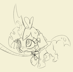 Size: 1596x1578 | Tagged: suggestive, artist:furufoo, oc, oc:billy (impamy), big horn, changeling, collar, derpibooru exclusive, female, filly, floppy ears, foal, horn, hypno eyes, imported from derpibooru, leash, monochrome, oc only, pet play, pony, sketch, solo
