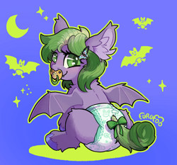 Size: 1500x1400 | Tagged: safe, artist:furufoo, oc, bat, bat pony, bat pony oc, bat wings, bow, curly mane, diaper, ear fluff, fangs, female, filly, foal, green eyes, green mane, green ribbon, hairclip, imported from derpibooru, insect, moth, oc only, pacifier, pony, purple coat, sitting, smiling, solo, tail, tail bow, undead, vampire, vampony, wings