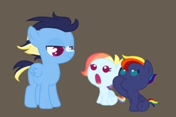 Size: 1052x698 | Tagged: safe, artist:yellow-cactus-aka-me, oc, baby, baby pony, base used, colored pupils, colt, female, filly, foal, fraternal twins, gray background, imported from derpibooru, lidded eyes, looking at each other, looking at someone, male, oc only, offspring, open mouth, parent:rainbow dash, parent:soarin', parents:soarindash, pegasus, pony, siblings, simple background, trio, twins, unnamed oc