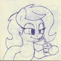 Size: 1022x1018 | Tagged: safe, artist:unitxxvii, oc, oc:filly anon, drink, drinking, drinking straw, earth pony, female, filly, foal, hoof hold, imported from derpibooru, lidded eyes, monochrome, oc only, pen drawing, pony, smiling, smug, smug smile, solo, traditional art
