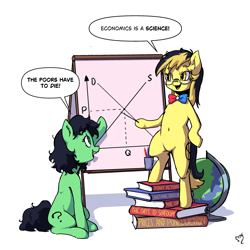 Size: 2900x2900 | Tagged: safe, artist:mareoinaddict, oc, oc:filly anon, oc:leslie fair, belly, belly button, bipedal, book, chart, classism, dialogue, duo, duo female, easel, economics, female, filly, foal, glasses, globe, imported from derpibooru, oc only, open mouth, open smile, raised hoof, signature, simple background, sitting, smiling, speech bubble, standing, white background