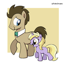 Size: 1500x1478 | Tagged: safe, artist:fobxdraw, blonde mane, blue eyes, bowtie, brown hair, dinky hooves, doctor whooves, earth pony, father and child, father and daughter, female, filly, foal, g4, horn, imported from derpibooru, male, mare, pony, smiling, stallion, time turner, unicorn, walking
