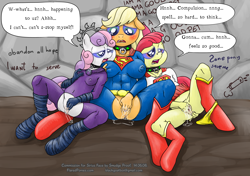 Size: 1423x1000 | Tagged: explicit, grimdark, artist:smudge proof, apple bloom, applejack, sweetie belle, abandon all hope, abs, anal, anthro, app-el, banned from derpibooru, bdsm, belly button, bondage, clothes, collar, commission, corrupted, drugs, fall of equestria, fingering, forced orgasm, imported from twibooru, kidnapped, kryptonite, lolicon, mare do well, masturbation, midriff, mind break, mind control, muscles, mutual masturbation, nonconsensual, nudity, panties, panties aside, penetration, ponified, poster, rape, sex, skirt, superfilly, supergirl, superhero, superman, supermare, sweetie do well, sybian, the ride never ends, torn clothes, underage, underwear, upskirt, vagina, vaginal, vaginal secretions, vulgar