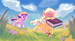 Size: 3209x1750 | Tagged: safe, artist:pixelpub, applejack, twilight sparkle, alternate hairstyle, book, chase, cute, duo, duo female, earth pony, earth pony twilight, female, filly, filly twilight sparkle, flower, foal, g4, g5, g5 concept leaks, grass, imported from derpibooru, jackabetes, lesbian, markings, mouth hold, one eye closed, open mouth, outdoors, pony, race swap, running, ship:twijack, shipping, twiabetes, wink, younger