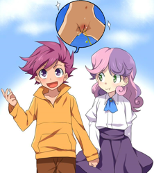 Size: 770x868 | Tagged: explicit, scootaloo, sweetie belle, artist needed, banned from derpibooru, bottomless, clothes, female, holding hands, human, humanized, imported from twibooru, lesbian, lolicon, nudity, partial nudity, pissing, source needed, speech bubble, underage, urine, useless source url, vulva