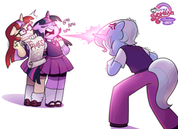 Size: 2036x1476 | Tagged: safe, artist:xconito, twilight sparkle, alternate universe, anthro, blah blah blah, clothes, colt, colt trixie, cross-popping veins, emanata, eyebrows, eyebrows visible through hair, female, filly, foal, g4, glowing, glowing horn, horn, horn ring, imminent violence, imported from derpibooru, lecture, magic, magic suppression, male, moondancer, my little sombra: resistance is magic, necktie, pre-transition, ring, rules, school uniform, scroll, simple background, skirt, sweater vest, trans trixie, transgender, trio, trixie, unguligrade anthro, unicorn, uniform, white background
