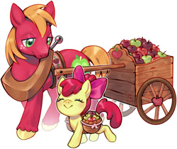 Size: 1221x1027 | Tagged: safe, artist:milkat-sprout, apple bloom, adorabloom, basket, big macintosh, brother and sister, cart, cute, duo, duo male and female, earth pony, eyes closed, female, filly, foal, g4, imported from derpibooru, male, pony, siblings, simple background, smiling, stallion, white background