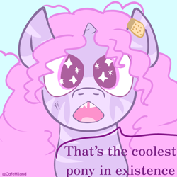 Size: 2048x2048 | Tagged: safe, artist:cafehiland, oc, oc:lavender quill, awe, chipped tooth, female, filly, foal, gap teeth, high res, horn, imported from derpibooru, messy mane, oc only, open mouth, pink mane, purple coat, small horn, solo, sparkles, sparkly eyes, speech bubble, unicorn, wingding eyes, zebra