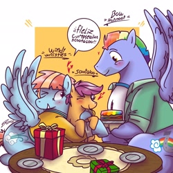 Size: 2048x2048 | Tagged: safe, artist:vumm61, scootaloo, birthday, birthday cake, blushing, bow hothoof, bowabetes, cake, candle, clothes, cute, cutealoo, daaaaaaaaaaaw, family, female, filly, floating heart, foal, food, g4, grin, heart, hug, hug from behind, imported from derpibooru, jacket, jpg, looking at each other, looking at someone, male, mare, one eye closed, pegasus, plate, pony, present, rainbow cake, scootalove, ship:windyhoof, shipping, shirt, smiling, smiling at each other, spanish, spread wings, stallion, straight, t-shirt, table, tablecloth, trio, windy whistles, windybetes, wings, wink