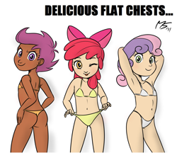 Size: 1172x1012 | Tagged: suggestive, artist:megasweet, apple bloom, scootaloo, sweetie belle, banned from derpibooru, bikini, cameltoe, clothes, cutie mark crusaders, human, human coloration, humanized, imported from twibooru, lolicon, panties, pedophilia, swimsuit, thong, underage, underwear