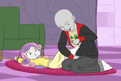 Size: 1221x820 | Tagged: suggestive, artist:carnifex, sweetie belle, oc, oc:anon, 4chan, anon with a face, banned from derpibooru, bondage, clothes, equestria girls, feet, fetish, foot fetish, human, humanized, imported from twibooru, lolicon, removing shoes, skirt, tied up, underage