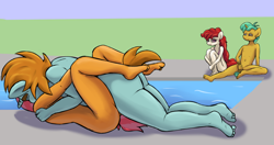 Size: 1169x619 | Tagged: explicit, artist:ragingsemi, babs seed, anthro, banned from derpibooru, barefoot, belly button, bips, exhibitionism, feet, female, imported from twibooru, lolicon, male, plantigrade anthro, public sex, sex, shipping, shotacon, snails, snailstwist, snips, straight, twist, underage