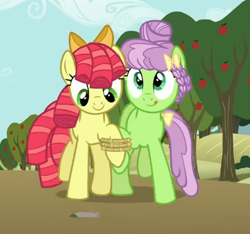 Size: 434x406 | Tagged: safe, 7-legged race, apple family reunion, auntie applesauce, candy twirl, cropped, duo, duo female, earth pony, female, filly, foal, g4, imported from derpibooru, my little pony: friendship is magic, outdoors, pony, racing, screencap, season 3, seven-legged race, trotting, young auntie applesauce, younger