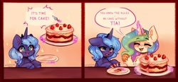 Size: 4000x1855 | Tagged: safe, artist:polnocnykot, princess celestia, princess luna, 2 panel comic, alicorn, blushing, cake, cake slice, cakelestia, cewestia, comic, dialogue, duo, duo female, eyebrows, eyebrows visible through hair, eyes closed, female, filly, filly luna, floppy ears, foal, food, frog (hoof), g4, high res, imported from derpibooru, levitation, magic, open mouth, open smile, pony, royal sisters, siblings, sisters, smiling, speech bubble, telekinesis, underhoof, woona, wrong magic color, younger
