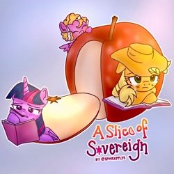 Size: 1536x1536 | Tagged: safe, artist:sparkpples, applejack, twilight sparkle, oc, oc:cosmic crisp, alicorn, apple, baby, baby pony, book, crying, earth pony, female, filly, floppy ears, foal, food, frown, g4, imported from derpibooru, lesbian, magical lesbian spawn, mare, mouth hold, offspring, parent:applejack, parent:twilight sparkle, parents:twijack, pegasus, pencil, pony, ship:twijack, shipping, text, trio, trio female