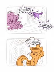 Size: 1536x2048 | Tagged: safe, artist:sparkpples, applejack, twilight sparkle, oc, oc:cosmic crisp, 2 panel comic, alicorn, baby, baby pony, comic, cute, dialogue, earth pony, family, female, filly, flying, foal, g4, imported from derpibooru, indoors, lesbian, looking back, magical lesbian spawn, mare, offspring, parent:applejack, parent:twilight sparkle, parents:twijack, partial color, pegasus, pony, ship:twijack, shipping, speech bubble, thought bubble, trio, trio female, twilight's castle