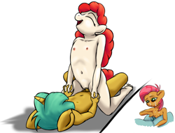 Size: 1124x860 | Tagged: explicit, artist:ragingsemi, babs seed, anthro, banned from derpibooru, belly button, bips, breasts, cowgirl position, cum, delicious flat chest, facial, female, imported from twibooru, lolicon, male, nipples, nudity, sex, shipping, shotacon, snails, snailstwist, snips, straight, twist, underage, vagina