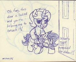 Size: 1307x1066 | Tagged: safe, artist:unitxxvii, oc, oc:dyx, oc:filly anon, alicorn, bipedal, dialogue, door, duo, duo female, earth pony, female, filly, foal, frown, imported from derpibooru, monochrome, oc only, open mouth, open smile, pen drawing, pinpoint eyes, pony, slur, smiling, traditional art, vulgar, wingless, wingless alicorn