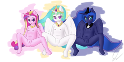 Size: 1280x640 | Tagged: explicit, artist:anonjg, princess celestia, princess luna, alicorn, anthro, banned from derpibooru, breasts, delicious flat chest, flatchestia, g4, imported from twibooru, lolicon, nudity, princess cadance, underage, vulva, younger