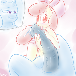 Size: 900x900 | Tagged: explicit, artist:lamia, apple bloom, anthro, balls, banned from derpibooru, blowjob, blushing, clothes, cock worship, female, futa, futa on female, futa trixie, imported from twibooru, intersex, lesbian, licking, lolicon, nudity, oral, penis, precum, sex, shipping, size difference, tongue out, trixie, trixiebloom, underage, underwear