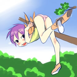 Size: 600x600 | Tagged: suggestive, artist:drantyno, scootaloo, banned from derpibooru, blushing, cameltoe, clothes, female, human, humanized, imported from twibooru, lolicon, panties, pantsing, solo, solo female, tree, underage, underwear, undressing, winged humanization, wings
