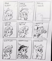 Size: 2296x2671 | Tagged: safe, artist:pony quarantine, apple bloom, scootaloo, sweetie belle, series:pq funnies, bird, choom, clothes, comic, comic strip, cutie mark crusaders, cyberpunk 2077, devil costume, earth pony, female, filly, floppy ears, foal, g4, grayscale, griffon, griffonized, hat, horn, imported from derpibooru, monochrome, mouth hold, name pun, open mouth, owl, pegasus, pencil drawing, pitchfork, pony, species swap, suit, sweat, sweating profusely, tongue out, toothpick, traditional art, trio, trio female, unicorn, zoot suit