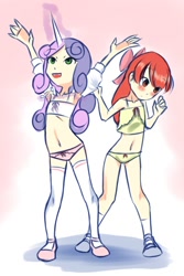Size: 480x720 | Tagged: suggestive, artist:drantyno, apple bloom, sweetie belle, banned from derpibooru, belly button, clothes, horn, horned humanization, human, humanized, imported from twibooru, lolicon, magic, panties, underage, underwear