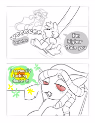 Size: 2700x3519 | Tagged: safe, artist:opalacorn, 2 panel comic, bloodshot eyes, comic, dialogue, duo, duo female, earth pony, female, filly, foal, g4, grayscale, high, implied drug use, imported from derpibooru, mare, monochrome, outdoors, partial color, pony, simple background, speech bubble, swing, tree hugger, vulgar, white background