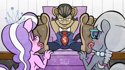 Size: 1280x720 | Tagged: questionable, artist:qluvic, diamond tiara, silver spoon, anthro, banned from derpibooru, barefoot, father and child, father and daughter, feet, female, fetish, filthy rich, foot fetish, foot worship, imported from twibooru, licking, licking foot, lolicon, male, male feet, nudity, office, plantigrade anthro, underage