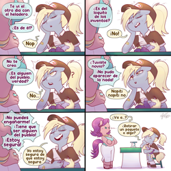 Size: 2372x2372 | Tagged: safe, artist:xconito, alternate version, anthro, baby, bags under eyes, band-aid, breastfeeding, breasts, comic, cute, derpy hooves, dialogue, dinkabetes, dinky hooves, ear piercing, earring, earth pony, eyebrows, eyebrows visible through hair, female, filly, floating wings, foal, g4, hand on hip, hat, horn, imported from derpibooru, indoors, jewelry, mailmare, mailmare hat, mailmare uniform, mother and child, mother and daughter, nonsexual nursing, nursing, pegasus, piercing, sleepy, spanish, speech bubble, spoiled rich, suckling, sweat, tired, trio, trio female, unguligrade anthro, unicorn, wings