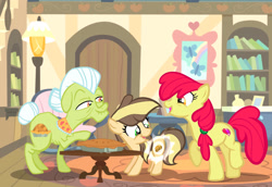Size: 1920x1324 | Tagged: safe, artist:bellasden, apple bloom, earth pony, elderly, female, filly, foal, g4, granny smith, imported from derpibooru, indoors, mare, offspring, older, older apple bloom, parent:applejack, parent:caramel, parents:carajack, pony