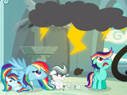 Size: 1920x1440 | Tagged: safe, artist:bellasden, rainbow dash, oc, baby, baby pony, colt, female, filly, foal, g4, imported from derpibooru, indoors, male, mare, oc name needed, offspring, parent:rainbow dash, parent:soarin', parents:soarindash, pegasus, pony